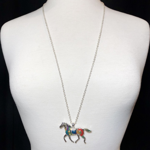 Multicolor Painted Horse Long Silver Necklace - Picture 3 of 3